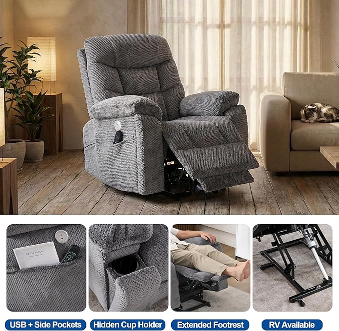 Oversized Power Lift Recliner Dual Motor Elderly Lift Chair with Independent Backrest &amp Footrest Adjustment Hidden Cupholder USB-A/USB-C Charging Ports Lounge Chair for Living Room