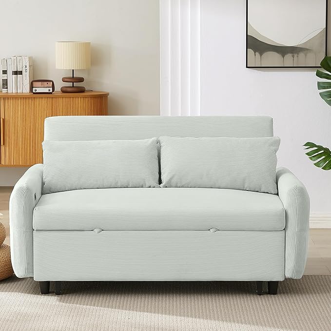 Pull-Out Sofa Bed Convertible Couch 2 Seat Loveseat Sofa Corduroy Fabric Upholstered Sleeper Sofa with 2 Throw Pillows and USB Ports for Living Room Office Apartment (Pale Green)