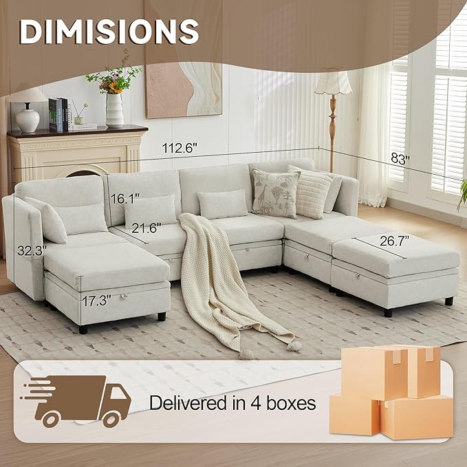 112 Modular Sectional Sofa with Storage U Shaped Sectional Sofa for Living Room Convertible Cloud Sectional Couch with Chaise 7 Seat Couch with Cushions Adjustable Backrest Design Beige