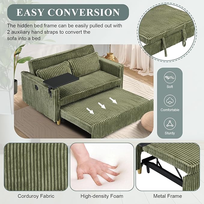 54W Convertible Sleeper Sofa Bed3-In-1 Corduroy Pull Out Couch BedFuton Loveseat Sleeper Couch with Adjustable Backrest &amp USB Ports &amp Side TableRecliner for Living Room/Office/Small Space(