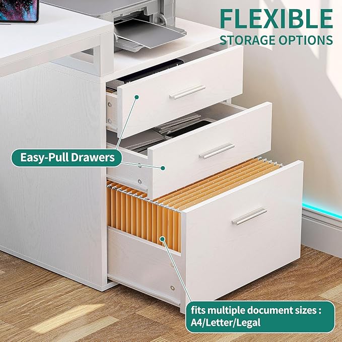 DWVO L Shaped Desk with 3 Drawers 65 Corner Computer Desk with Power Outlets &amp LED Lights L-Shaped Desk with File Cabinet &amp Printer Stand for Home Office White