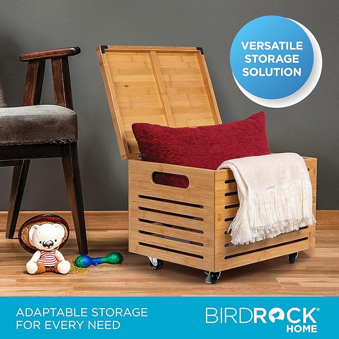 BIRDROCK HOME Rolling File Storage Organizer Box with Lid (New Version) - Bamboo Decorative Wood Hanging File Box for Letter/Legal Documents Binders Blankets - Durable Office Organizer - Natural