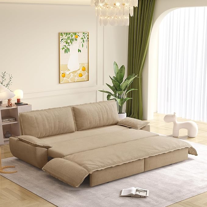 73.2 Queen Size Pull Out Sofa Bed 3-in-1 Convertible Sleeper Corduroy Loveseat for Living Room Apartment Bedroom Small Spaces Camel (Mattress &amp Bedding Not Included)