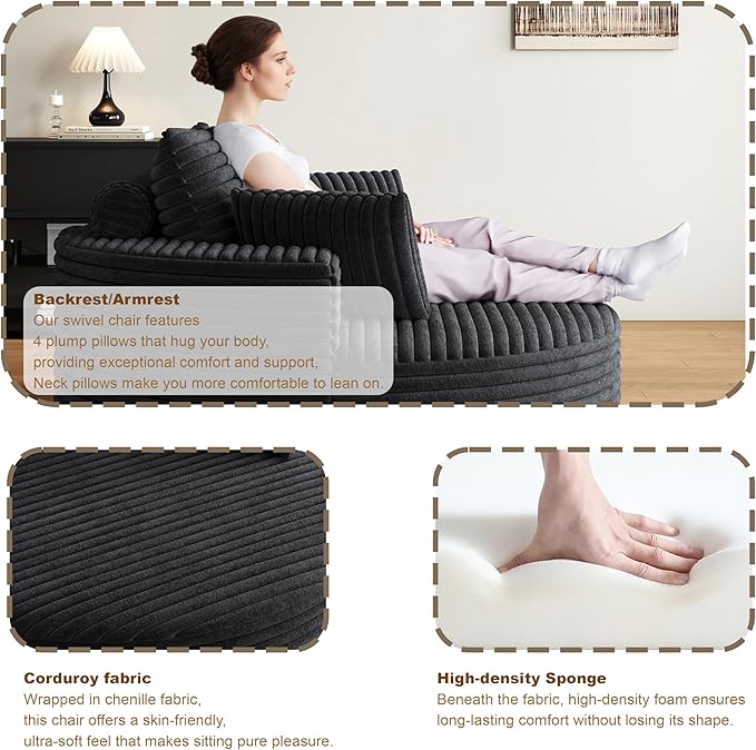 KEIKI 55 Oversized 360 Degree Swivel Chair Large Barrel Chairs Upholstered Round Swivel Chair Corduroy Single Sofa Armchair Sleeper Chair for Living Room Lounge Black