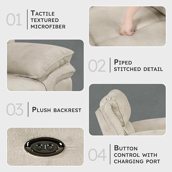 Lexicon Power Reclining Chair for Adults Polished Microfiber Power Recliner Single Sofa Chair for Bedroom/Living Room/Reading Nook Foam Over Pocket Coils Pillow Top Arms Charging Port Sand