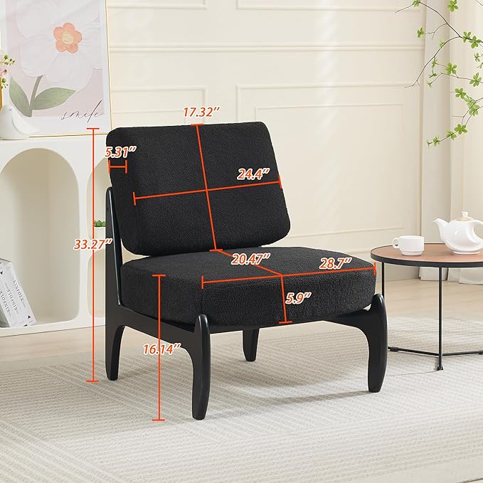 Qulomvs Modern Accent Chair Mid Century Accent Chair with Wooden Frame Upholstered Comfy Reading Chair Armless Side Sofa Chair for Living Room Bedroom (Black Teddy Fabric)