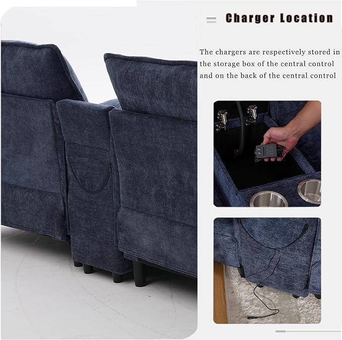 124'' Modular Sectional Sofa U-Shaped Chenille Cloud Couch with Storage 2 Ottomans Wireless Charging Loudspeaker Light 2 Cup Holders Double Chaise Couches for Living Room Office Blue