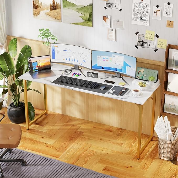 PayLessHere | 63 Inch Computer Desk | White Gold | Office Desk with Metal Frame Adjustable Feet | Water-Resistant Scratchproof Surface | Sturdy Writing Table for Home Office or Study | Pack of 1