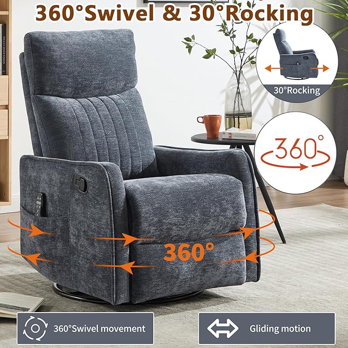 Massage Recliner Chair with Heat Slim Recliners for for Adults Swivel Rocking Chair Recliner with High Back Small Recliner Chair for Small Spaces Living Room Adjustable Footrest (Blue 2)