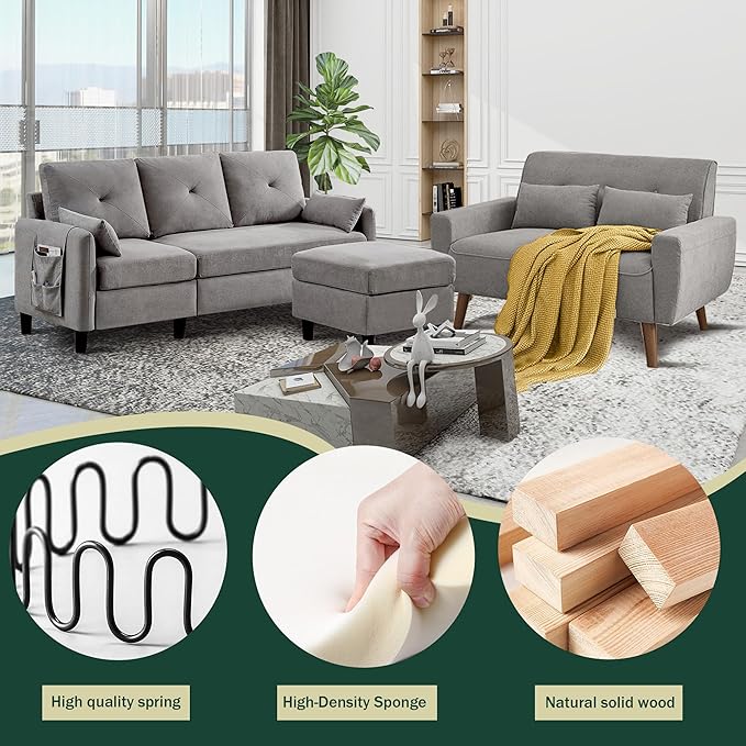 Convertible Sectional Sofa Set 77 Small L Shaped 3 Seat Couch with Ottoman and 48 Loveseat Modern Sofa Couches for Living Room Light Grey