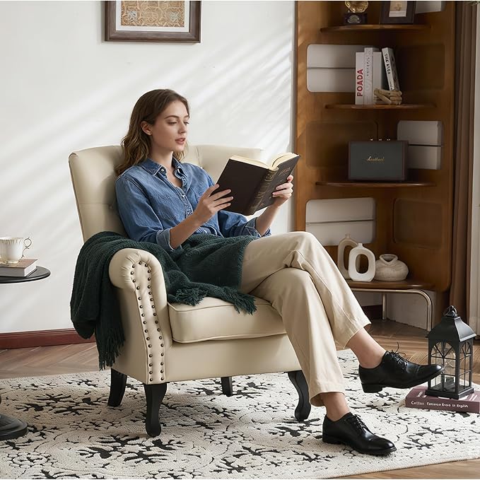 Modern Accent Chair Set of 2 PU Leather Armchair with Solid Wood Legs Sofa Chair for Living Room Bedroom Leisure Room Reading Room(Ivory White)