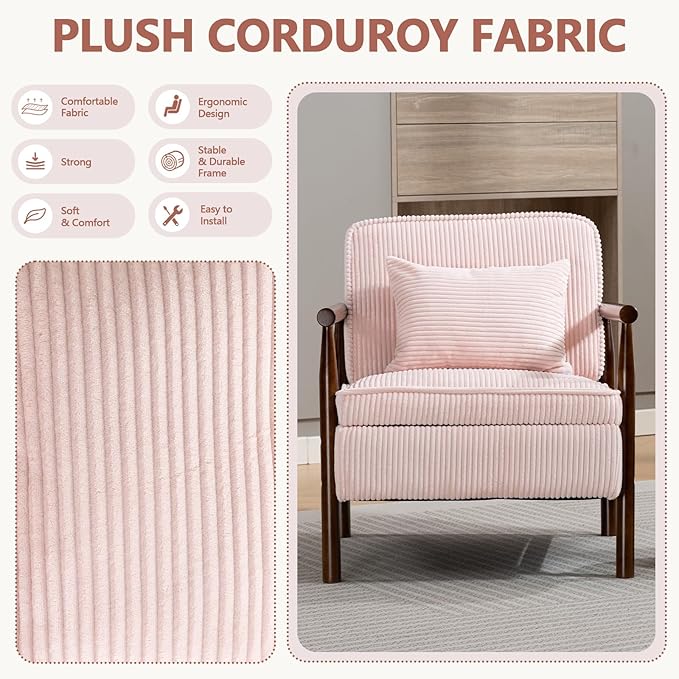 Pink Accent Chair with Storage 24 W Mid Century Modern Chair with Cushion Upholstered Corduroy Reading Chair with Wooden Legs Comfy Arm Chairs for Living Room Bedroom (Pink)