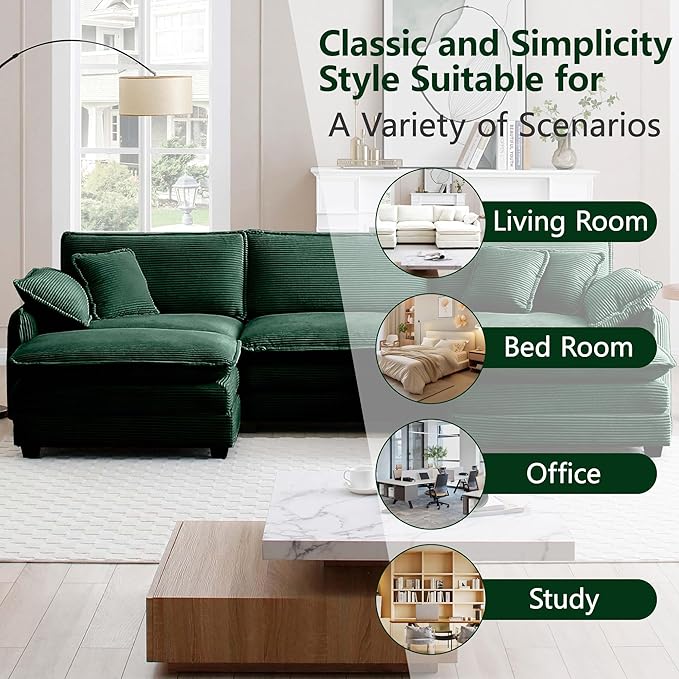 115 Oversize Modular Cloud Couch Sectional - Deep Seat U-Shaped Sofa 3 Seats with 2 OttomansPet-Friendly FabricGreen Corduroy