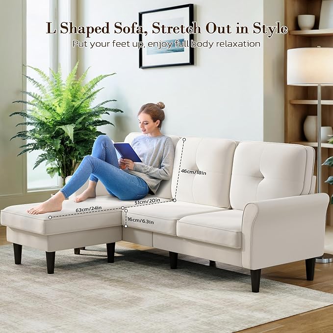 Sofas for Living Room 83 Velvet Sectional Couch with Moveable Ottoman Midcentury Modern Small Sectional Couch L Shape Sofa &amp 3 Seater Couches for Living Room Apartment Bedroom Beige