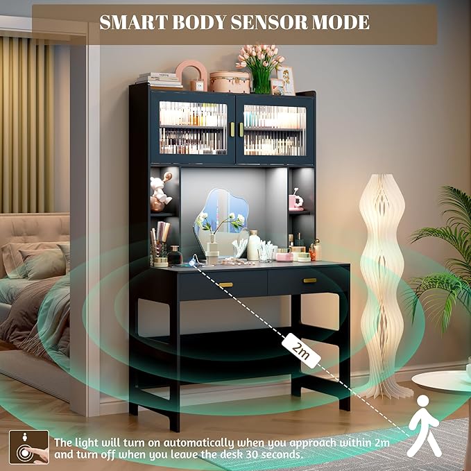 Vlsrka Home Office Desk with Hutch and Drawers 40 Computer Desk with Storage Shelves and LED Lights Modern Wooden Writing Study Table with Charging Station for Bedroom Black
