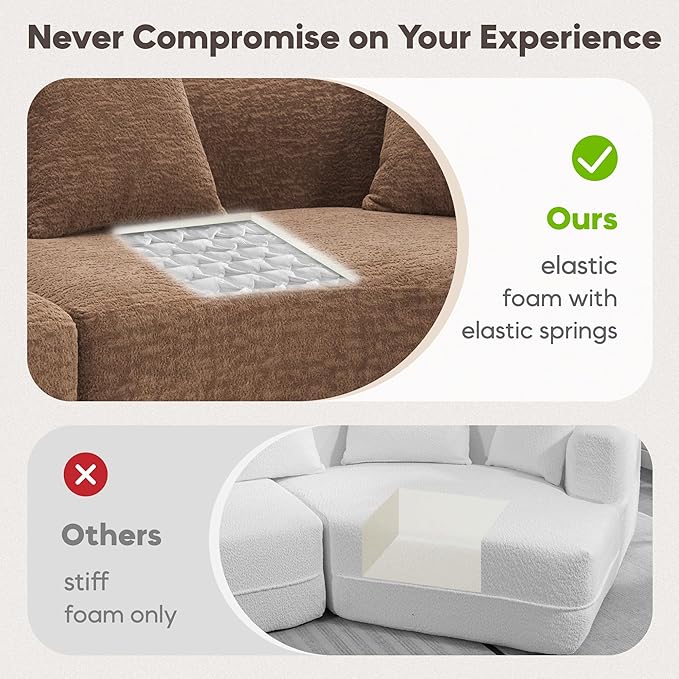 110'' Modern Curved Sofa Sectional Arc 4-Seater Foam Couch Compressed in-a-Box Boneless Cloud Couch with Extra-Deep-Wide Seats in Comfortable Chenille No Assembly Classic Caramel