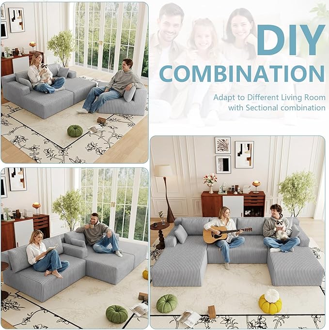 124 Cloud Sectional CouchModern U-Shaped Boneless Couch with Deep SeatComfy Corduroy 4-Seater SofaMemory Foam Sofa for Living RoomNo Assembly Required (Light Grey)