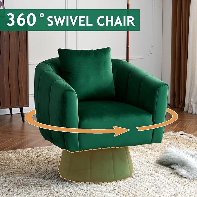 Karl home 360° Swivel Accent Chair Modern Velvet Fabric Living Room Armchair with Fluffy Cushions Comfy Wide Upholstered Barrel Accent Chairs for Living Room Bedroom Lounge Office (Green)