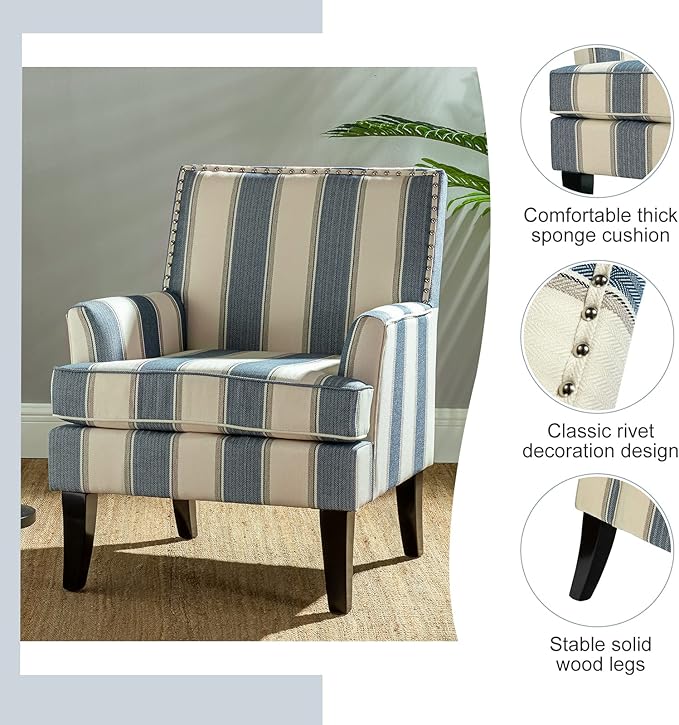 HULALA HOME Modern Accent Chair with Arms and Wooden Legs Mid Century Accent Chair Armchair High Back Rest Padded Armrest and Comfortable Cushioned Seat for Living Room (Stripe Blue)