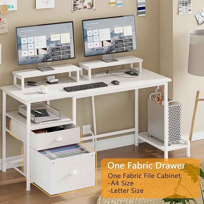 Furologee 47 Computer Desk with File Cabinet and Power Outlets Home Office Desk with 2 Monitor Stands and Storage Drawer Writing Gaming Table with Shelves and 2 Hooks for Bedroom White