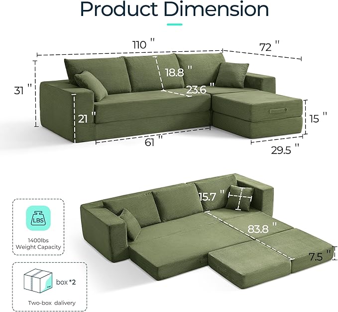 LINSY HOME Oversized Convertible Sofa Bed with 2 Pillows &amp Ottoman Corduroy Boneless Couch Folding Modular Sleeper Sofa L Shaped Couch Floor Sofa for Living Room Apartment Upgrade Backrest (Gre