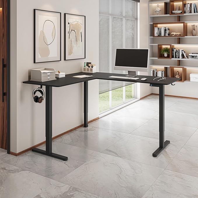 Techni Mobili 63” W L-Shaped Electric Standing Desk with 3 Memory Height Presets and 2 Accessory Hooks Height Adjustable Sit to Stand Corner Desk for Home Office with Spacious Work Surface Black