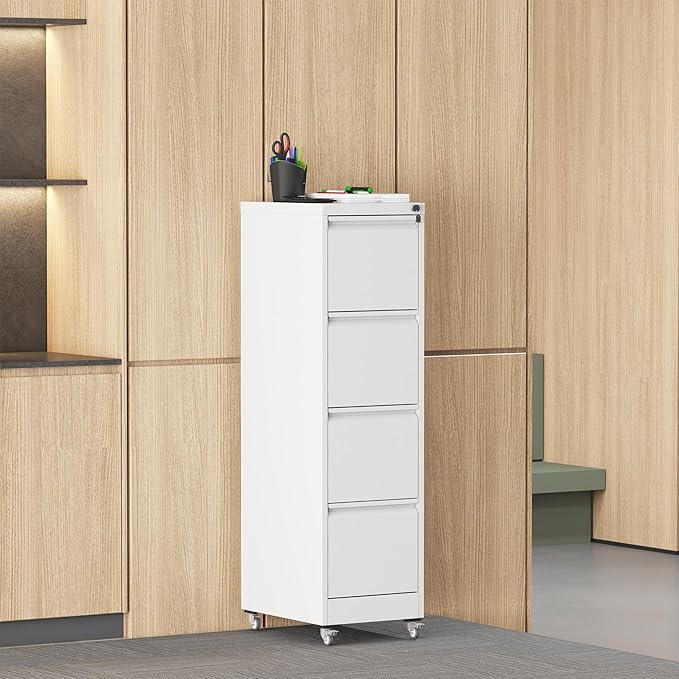 4-Drawer Mobile File Cabinet - White Vertical Metal Filing Cabinet with Lock Wheels for Home Office Adjustable Legal/Letter Size Storage 52.28 H