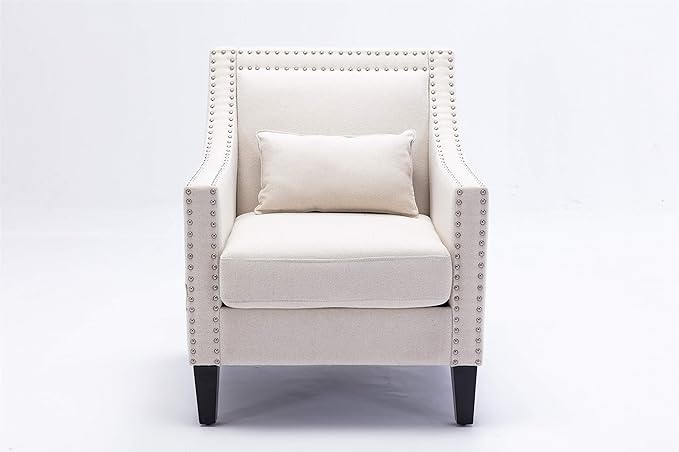 Accent Armchair Living Room Chair with Nailheads and Solid Wood Legs Beige Linen