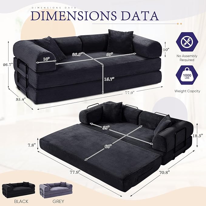Convertible Folding Sofa Bed Corduroy Sleeper Mattress Couch with Fixed-Shape Frame Free Combination Loveseat Lounge Floor Sofa Queen Size Memory Foam Couch for Living Room Bedroom Black