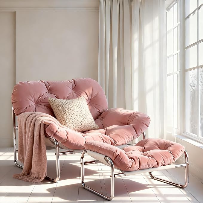 YOXIFOC Modern Style Recliner Armchair with Footrest Multifunctional Leisure Chair with Thickened Cushion and Phone Holder Suitable for Bedroom/Living Room Reading Chair/Garden/Patio (Pink)