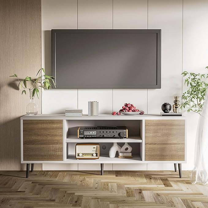 JUMMICO TV Stand for 65 Inch TV Mid Century Modern TV Stand Entertainment Center with Storage Cabinet and Open Shelves TV Console Table Media Cabinet for Living Room and Bedroom (Oak)