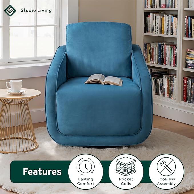 Studio Living® Lydia 35.3 Swivel Accent Chair Modern Boho Fully Assembled Pocket Coil Comfort Round Swivel Base Leg Soft Velvet Fabric Blue