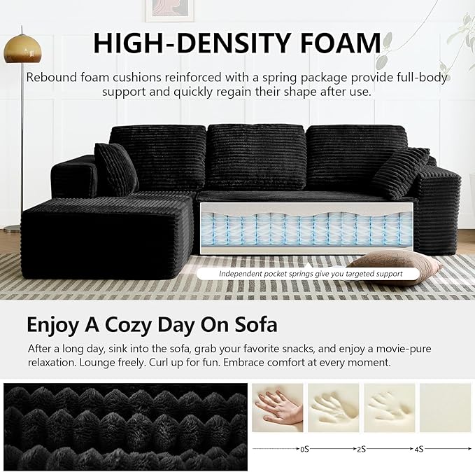 104 L-Shape Couch Modular Sectional Sofa Couches 3 Seat Modular Sofa Corduroy Couch for Living Room Cloud Couch with Oversized Chaise Deep Seat No Assembly Required (Black Left Facing Chaise)