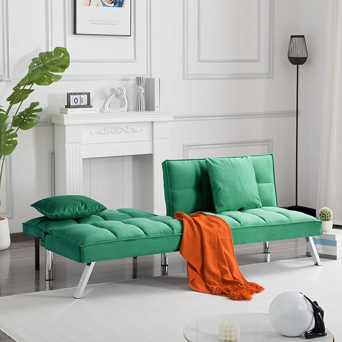 68 Modern Futon Sofa BedConvertible Sleeper Bed Couch with 4 Reclining Backrest with 2 PillowsComfy Velvet Cloud Sofa Loveseat for Living Room Bedroom Office (Green)
