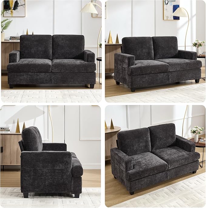 Loveseat Sofa 60 Chenille Couch with Side Pocket Removable Pillow and Cushion Cover 2 seat Couches Comfy Modern Small Couch for Living Room Small Spaces Dorms Office Dark Grey