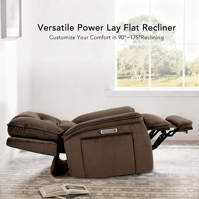 EONIX Triple Motor Lay Flat Zero Gravity Power Recliner Chair with Heat and Massage Independent Adjustable Backrest Footrest Headrest 400lbs Heavy Duty Medium Size Stylish Chenille Dark Brown