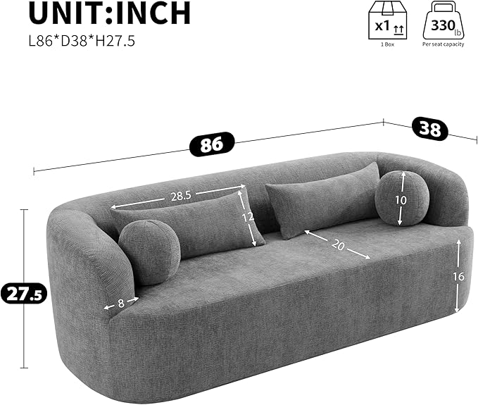 86 Curved Cloud Couch Curved SofaBoneless Couch Upholstered Sofa with Pillows No Assembly NeedChenille with High-Density Foam 3-Seater Luxury Modern Compressed SofaGray