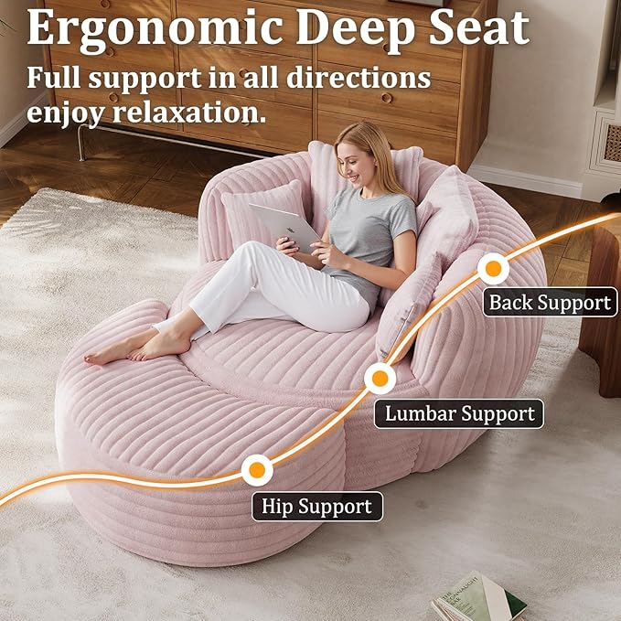 50 Oversized Chaise Lounge Indoor Round Reading Chair Lounge Chair with Ottoman Boneless Sofa Bed Large Fluffy Plush Corduroy Chaise Chair for Living Room Playroom Bedroom Pink