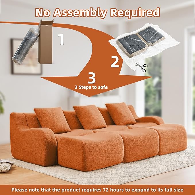 115.3 Inches Sectional Boneless Cloud Couch Super Soft Comfortable Curved Armrest Deep Seat Sofa with Pillow and Ottoman Sectional Couches for Living Room No Assembly Required