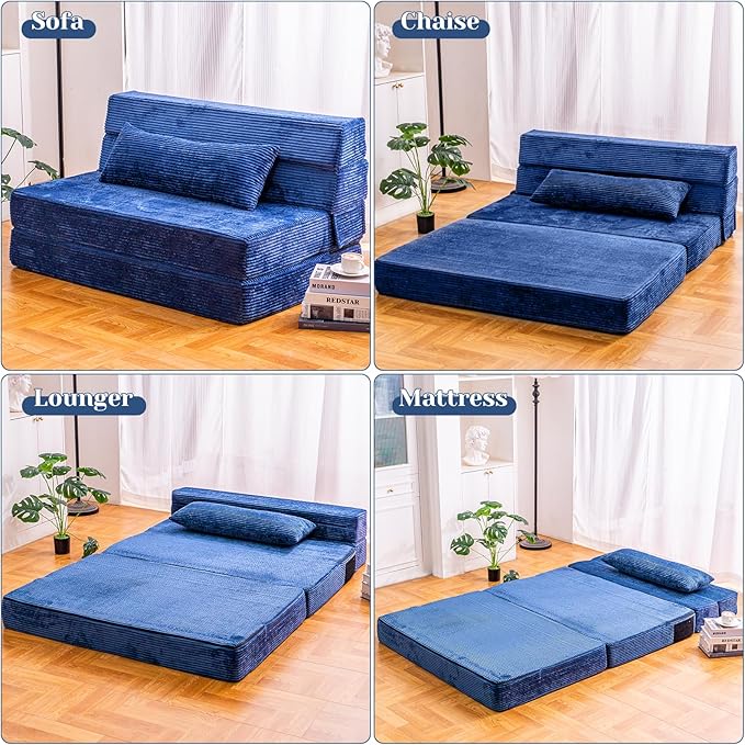 Folding Sofa Bed Convertible Sleeper Chair with Pillow High Density Memory Foam Fold Out Couch Foldable Mattress Futon Sofa for Living Room/Dorm/Guest Use/Apartment/Home Office