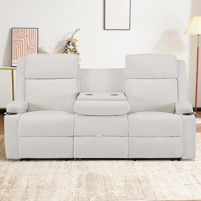 Reclining Sofa CouchLoveseat Recliner Sofa with Drop Down Table/ 4 Cup Holder/Hidden Storage Wall Hugger Recliner Sofa for Living Room &amp Home Theater &amp RV(Beige)
