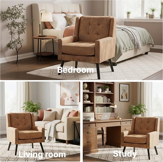 Mid-Century Modern Accent Chair Plush Suede Fabric with Button Tufted High Back &amp 5 Thick Cushion High Comfort Reading Chair for Living Room Bedroom Office (Brown)