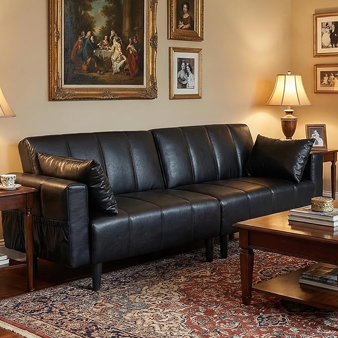 83 Mid Century Modern Futon Sofa Bed 3 Seater Faux Leather Couch with Adjustable Backrest Comfy Upholstered Sleeper Sofa for Living Room Apartment Home Office (Black)