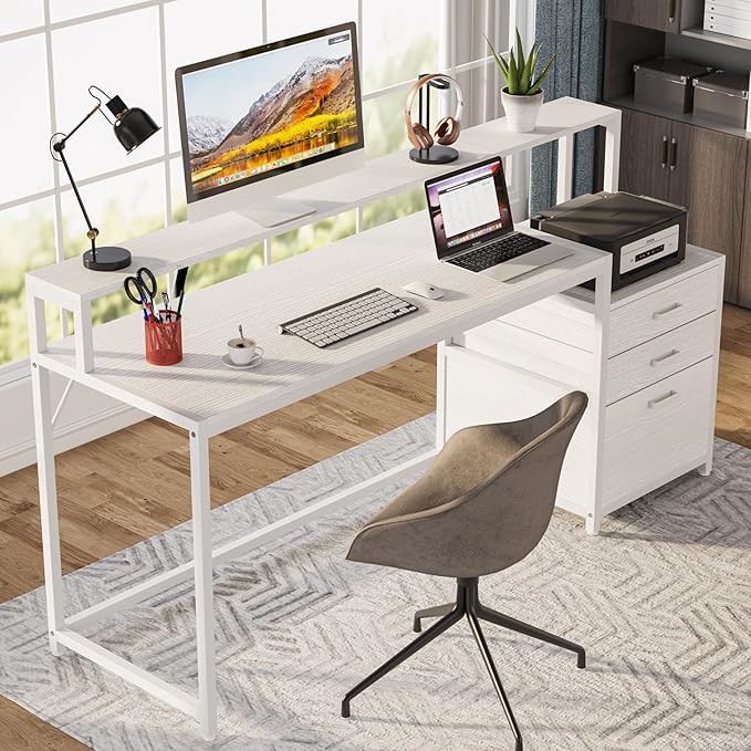 Tribesigns 63 Inch Computer Desk with File Drawer Cabinet Ergonomic Office Desk with Monitor Stand Computer Table with Printer Space Wood PC Table Workstation Desk for Home Office White
