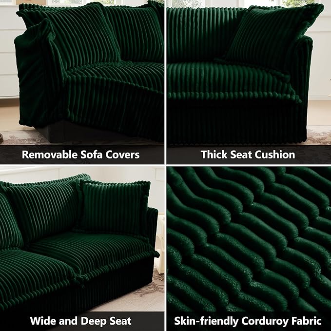 Aoowow Oversized Modular Sectional Sofa 120” Corduroy Comfy 3-Seat Sofa Couch Upholstered Deep Seat Couches with Big Toss Pillows for Living Room Apartment OfficeGreen-Corduroy