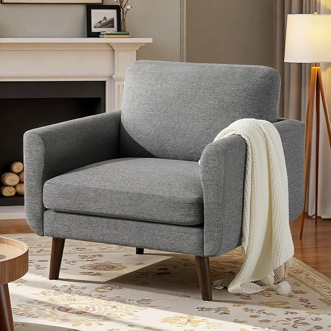 Oversized Accent Chair for Living Room 37 Mid-Century Modern Comfy Reading Chair Linen Fabric Solid Wood Frame Armchair Upholstered Grey Accent Chairs for Adults Living Room Chairs
