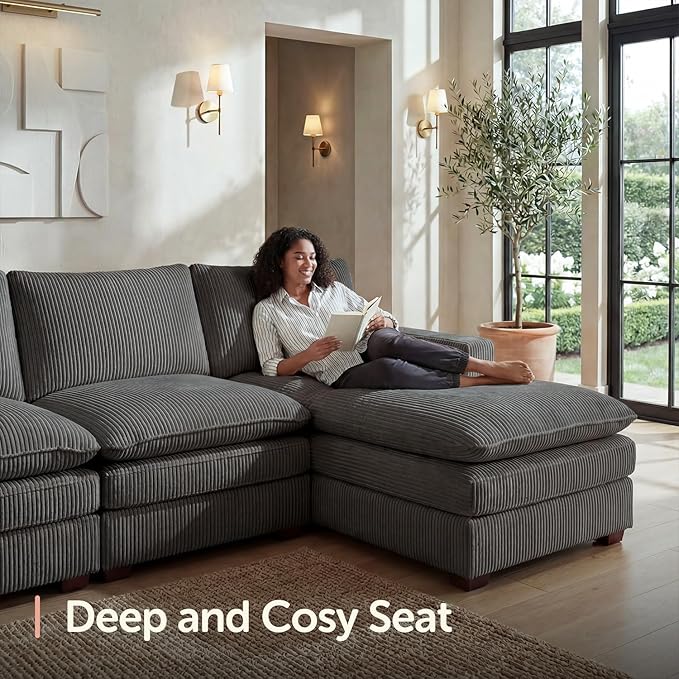 HONBAY 127.2 Inch Corduroy Cloud Modular Sectional Sofa with Chaise Deep Seat U-Shaped Couch with Storage for Living Room Apartment Small SpaceGrey