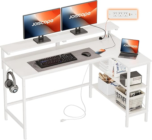 JOISCOPE L Shaped Gaming Desk with Shelves and Display Riser Corner Computer Desk with USB and Type-C Outlet Home Office Desk for Work Writing and Study 55 inches White