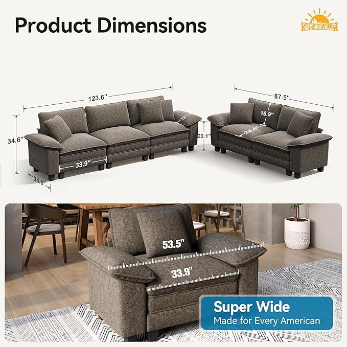 2 Piece Living Room Sofa Furniture Set Oversized Chenille Modular Loveseat and 3-Seat Couch with Pillow Modern 5-Seat Cloud Sectional Deep Seat for Apartment Smoky Grey