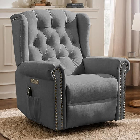 VIVIJASON Power Swivel Rocking Recliner Chair with Massage &amp Heat Electric Rocker Glider Chair for Nursery Wingback Tufted Upholstered Recliner W/Type-C &amp USB Ports for Living Room Bedroom